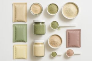 Assorted powder supplement products including jars, sachets, and bowls displayed with measuring spoons