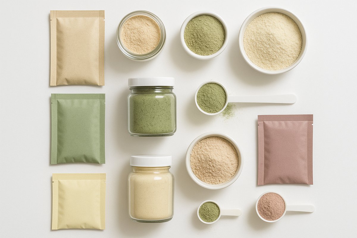 Assorted powder supplement products including jars, sachets, and bowls displayed with measuring spoons