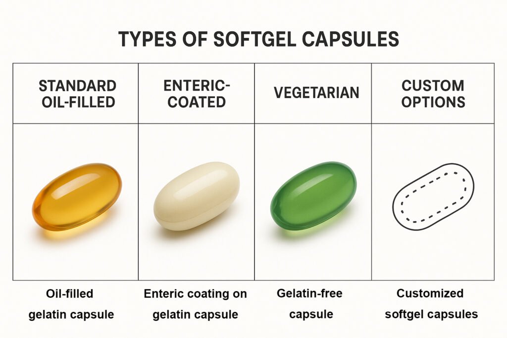 Comparison chart of softgel capsule types for supplements and pharmaceuticals