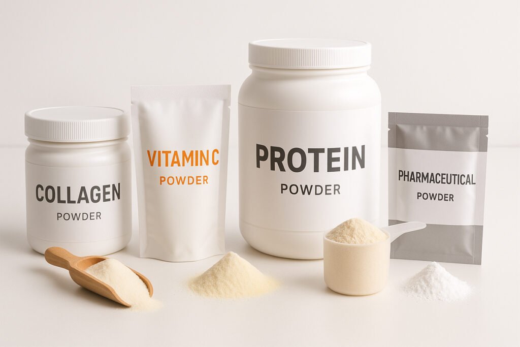 Different types of powder products used in supplements and pharmaceuticals