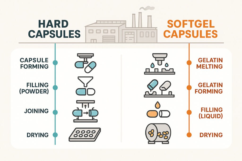 Flowchart of the capsule manufacturing process for hard and softgel capsules