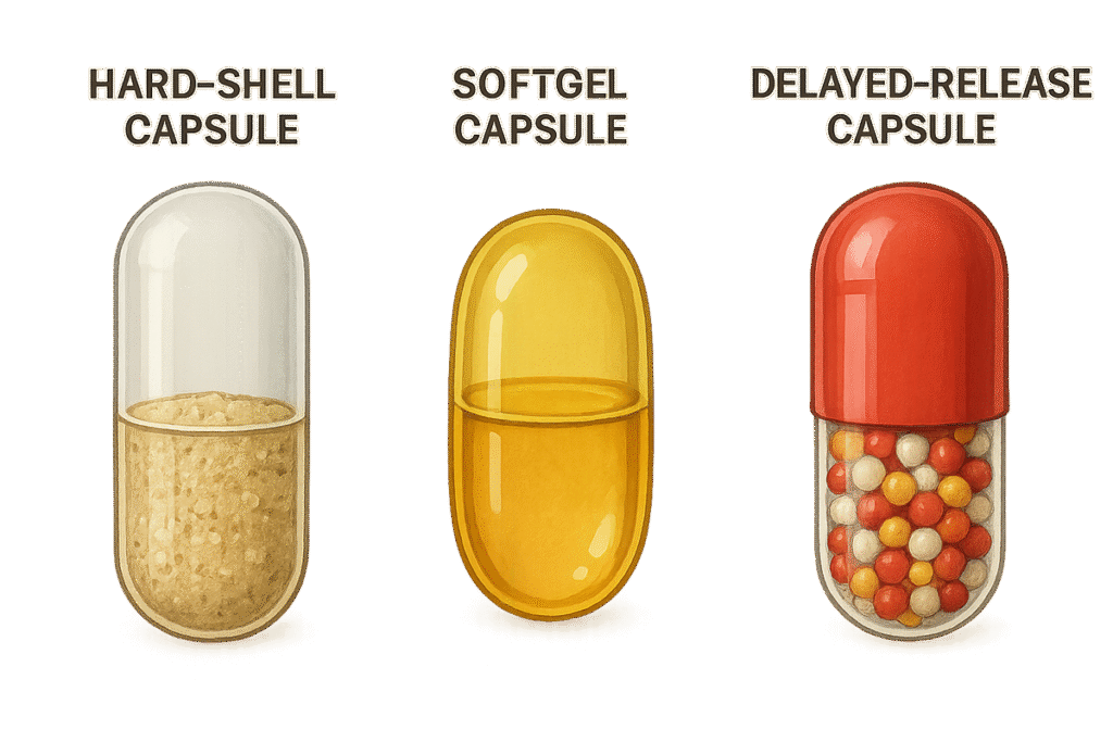 Illustration of hard-shell, softgel, and delayed-release capsules with labeling