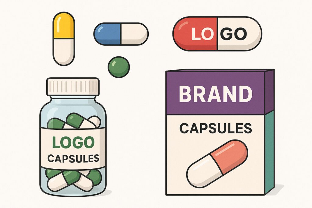 Illustration showing customizable capsule options with different colors, sizes, and branding design