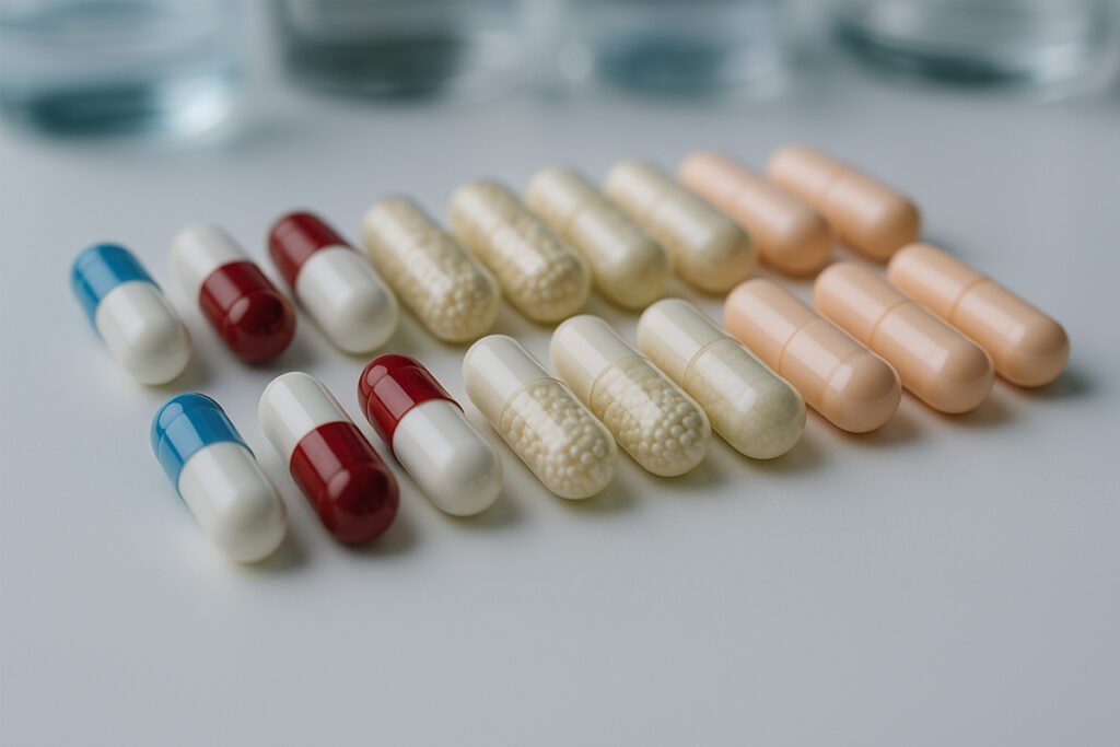 Photo of pharmaceutical capsules used for antibiotics, pain relief, and hormone therapy