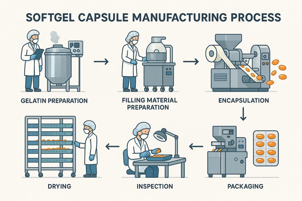 Softgel capsule manufacturing process flowchart