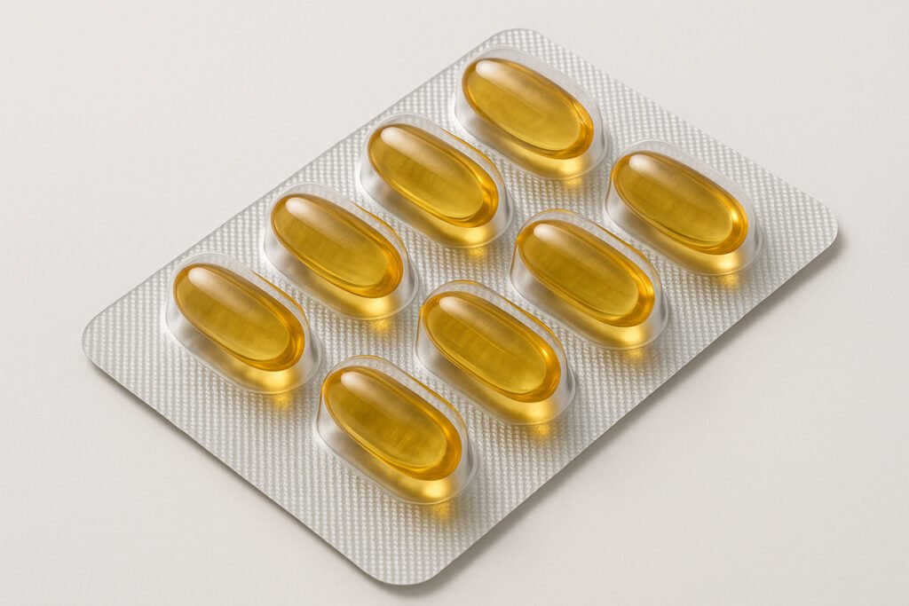 Softgel capsules in blister pack used for vitamins and oil-based supplements