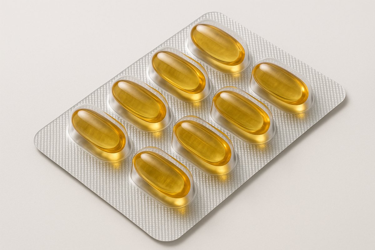 Softgel capsules in blister pack used for vitamins and oil-based supplements