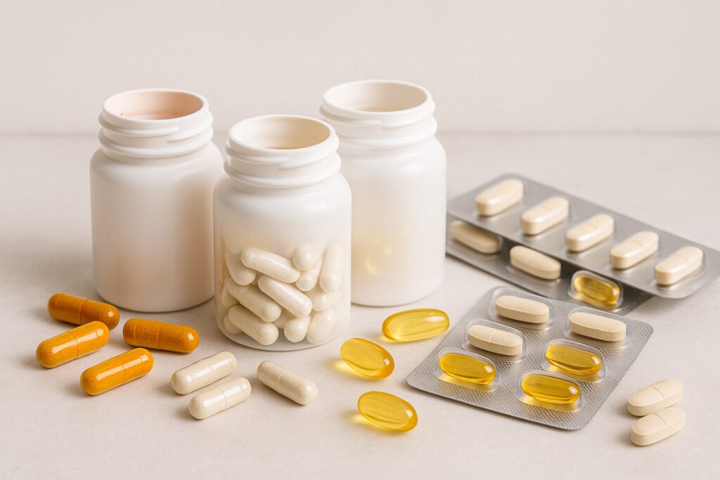 Visual showing dietary supplements in capsule form, like turmeric, probiotics, and multivitamins